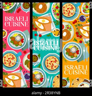 Banderoles de repas de restaurant de cuisine israélienne. Boulettes de mazzo frites, thé noir et salade de pois chiches, houmous au matzah, tartes au fromage et aux œufs et limonade, haricots et légumes, salade de légumes Illustration de Vecteur