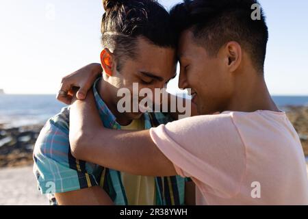 Heureux biracial gay couple mâle souriant et embrassant au bord de la mer Banque D'Images