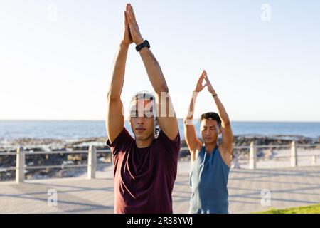 Heureux biracial gay couple masculin pratiquant le yoga et méditant sur la promenade au bord de la mer Banque D'Images