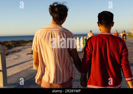 Vue arrière du heureux biracial gay couple mâle marchant et tenant les mains sur la promenade au bord de la mer Banque D'Images