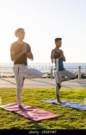 Heureux biracial gay couple masculin pratiquant le yoga et méditant sur la promenade ensoleillée au bord de la mer Banque D'Images
