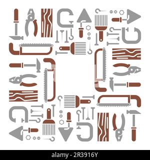 Les outils encadrent l'arrière-plan et placent le texte. scie et brosse, marteaux, pinces. Truelle et collier. Illustration de Vecteur