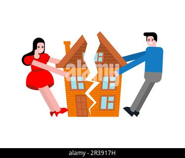 Couple partager la maison après le divorce. L'homme et la femme tirent la maison dans des directions différentes. Concept section de la propriété après le divorce familial Illustration de Vecteur