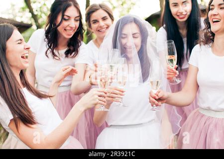 Belle mariée et promoissiaux heureux célébrant la fête de la poule Banque D'Images