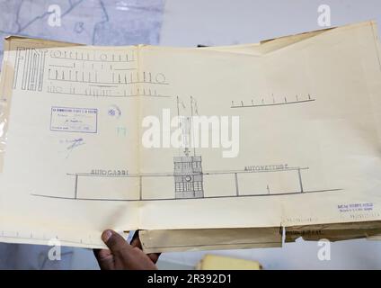 Ancien plan italien pour le bâtiment Tagliero FIAT, région centrale, Asmara, Erythrée Banque D'Images