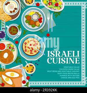 Modèle de couverture du menu des repas de cuisine israélienne. Tartes au fromage et aux œufs, boulettes de mazzo frites profondes et cholent aux haricots et aux légumes, houmous au matzah, salade de légumes et salade de pois chiches, limonade, thé noir Illustration de Vecteur