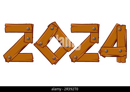 Numéro de bois 2024. Numéro deux mille vingt-quatre avec texture en bois, isolé sur un fond blanc Illustration de Vecteur