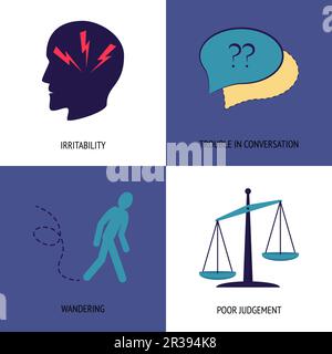 Ensemble d'icônes de symptômes de la maladie d'Alzheimer isolées. Symboles de concept de santé des aînés de style plat. Irritabilité, difficulté dans la conversation, mauvais jugement Illustration de Vecteur