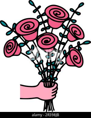 Une main tenant un bouquet de fleurs de ranunculus et de roses. Illustration vectorielle fleuriste pour la carte, la célébration de mariage. Illustration de Vecteur