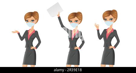 Ensemble de la femme européenne dans différentes poses debout dans un masque. Illustration de Vecteur