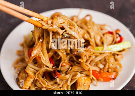 Nouilles sudon végétaliennes asiatiques avec tofu et légumes Banque D'Images