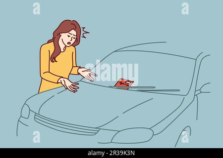 Une femme a reçu un billet de stationnement et est indignée ou en colère contre une amende soudaine. Nerveuse fille décontractée se tient près de la voiture avec amende émise près du pare-brise et se balance à l'injustice de la décision de l'inspecteur Illustration de Vecteur
