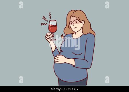 La femme enceinte boit de l'alcool sans le savoir, causant des dommages à l'enfant à naître. Une fille enceinte avec un verre de vin ou un cocktail alcoolique a besoin de consultation sur les dangers de mauvaises habitudes pour les femmes enceintes Illustration de Vecteur