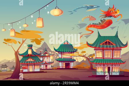 Festival de cerf-volant de Weifang en Chine. Paysage de dessin animé vectoriel de village chinois avec maisons traditionnelles, lanternes lumineuses dans la rue et dragon rouge de papier volant dans le ciel Illustration de Vecteur