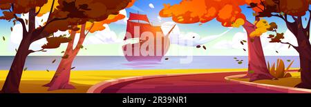 Bateau de dessin animé rétro avec voiles rouges dans la mer, vue du parc d'automne avec feuillage doré tombant des arbres jaunes. Illustration vectorielle d'un bateau en bois d'époque flottant sur la surface de l'eau. Voyage romantique Illustration de Vecteur