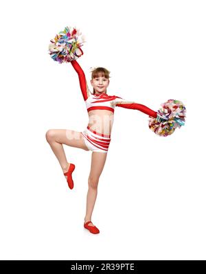 gaireleader fille avec des pompompompons de couleur danse et a levé ses mains vers le haut Banque D'Images