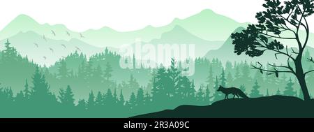 Bannière horizontale. Silhouette de renard debout sur la colline. Montagnes et forêt en arrière-plan. Paysage magique et brumeux, arbres, animaux. Illustrat vert Illustration de Vecteur