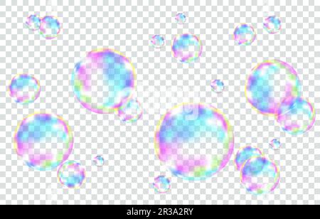 Ensemble de bulles de savon colorées transparentes et réalistes avec réflexion arc-en-ciel isolée sur fond à carreaux.Texture vectorielle. Illustration de Vecteur