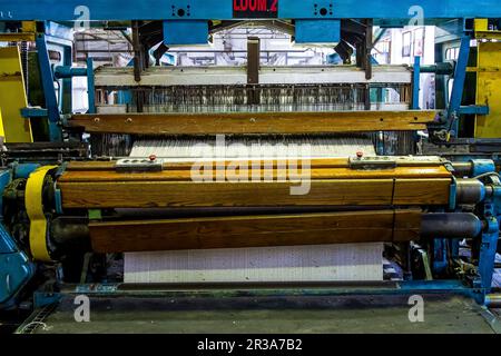 Gros plan d'une machine à tisser à fileter en coton dans une usine de tapis transporteurs Banque D'Images