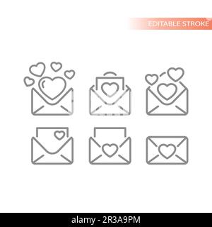 Jeu d'icônes vectorielles lettres d'amour et ligne de coeur. Rencontres et romance enveloppe lettres coeurs, ouvert et fermé, carte de Saint-Valentin contour des icônes. Illustration de Vecteur