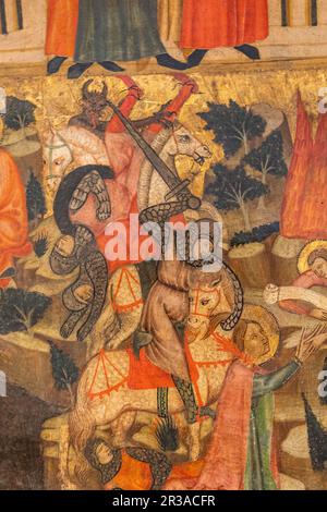 Guerriers et diable, retable de Santa Quiteria, Joan Loert, vers 1300, tempera sur panneau, Hospital de Sant Antoni, Palma, mortier de chaux et charge inerte, Plaza de la Lonja, Palma, Majorque, Iles Baléares, Espagne. Banque D'Images