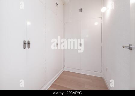 Dressing avec placards avec portes en bois blanc brillant et poignées en métal gris Banque D'Images