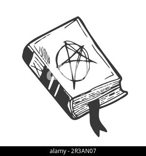 Livre de magie sombre dessin de dessin animé, mignon noir et blanc wiccan grimoire. Illustration de Vecteur