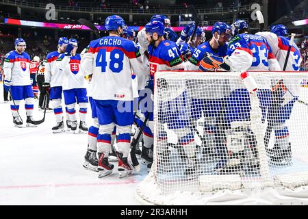 Riga, Lettonie. 23rd mai 2023. Les joueurs slovaques célèbrent après avoir remporté le Championnat du monde de hockey sur glace de l'IIHF, match du groupe B Slovaquie contre Norvège, sur 23 mai 2023, à Riga, Lettonie. Crédit : CTK/Alay Live News Banque D'Images