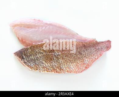 Deux filets de mulet rouges bruts sur fond blanc Banque D'Images