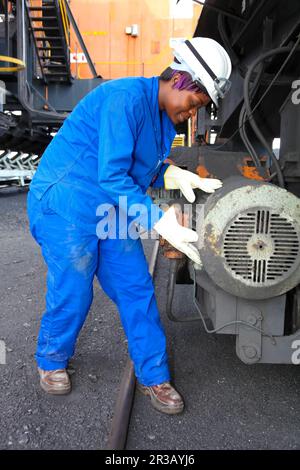 Femme technicien vérifiant l'équipement à la centrale électrique à charbon Banque D'Images