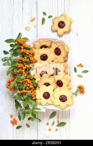 Biscuits en forme de fleur avec confiture de framboises Banque D'Images