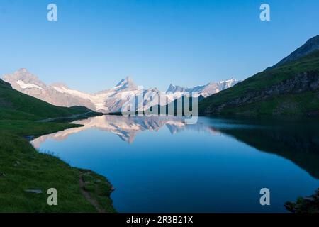 Vue au lever du soleil sur la gamme bernoise au-dessus du lac Bachalpsee. Attraction touristique populaire. Emplacement place Alpes suisses, vallée de Grindelwald, Europe. Banque D'Images