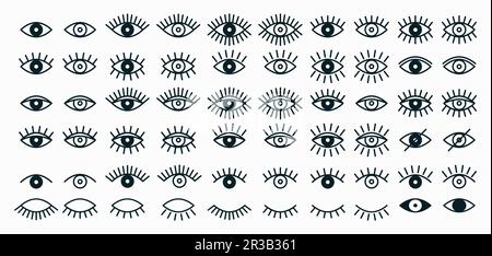 Icônes vectorielles noir et blanc simples à contour des yeux. Images linéaires yeux ouverts et fermés, formes de l'œil endormi avec œilleton, supervision et recherche Illustration de Vecteur