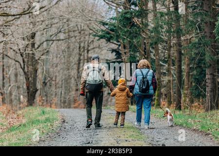Garçon avec grands-parents et chien marchant sur un sentier en forêt Banque D'Images