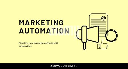 Bannière d'automatisation du marketing sur fond jaune. Bannière marketing élégante avec texte et icônes en noir pour les entreprises et le marketing Illustration de Vecteur