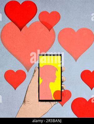 Illustration de coeurs flottant sur la main d'une personne tenant un smartphone affichant la silhouette d'une femme Banque D'Images