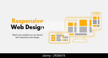 Bannière de conception Web réactive sur fond clair. Bannière élégante Web Design avec texte et icônes en noir et jaune pour les entreprises et le marketing Illustration de Vecteur
