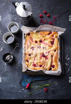 Rhubarbe vegan et gâteau à la framboise dans un moule Banque D'Images