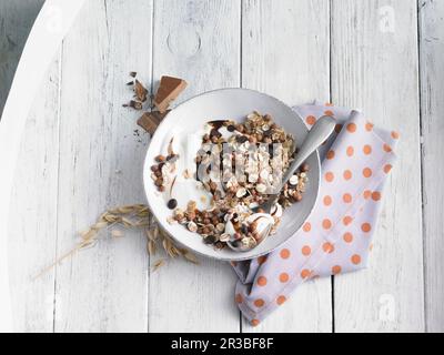 Un bol de muesli au chocolat avec yaourt Banque D'Images