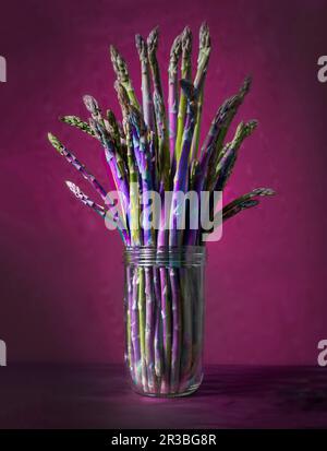 Asperges fraîches dans un verre sur fond rouge-violet Banque D'Images