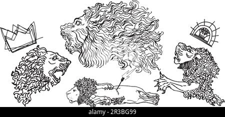 Ressources graphiques d'illustration de lion dessinées à la main et inspirées par le mésopotamien. Illustration de la sculpture de ligne pour les imprimés de t-shirt, les affiches, les autocollants Illustration de Vecteur