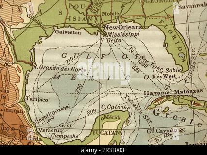 Carte géographique ancienne du golfe du Mexique en sépia. Banque D'Images