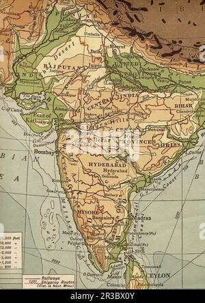Carte géographique d'époque de l'Inde en sépia. Banque D'Images