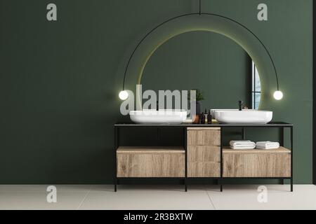 Intérieur moderne et minimaliste de salle de bains avec mur vert foncé, meuble de salle de bains de luxe avec double lavabo, plantes intérieures, piscine, comptoir en marbre, forêt Banque D'Images