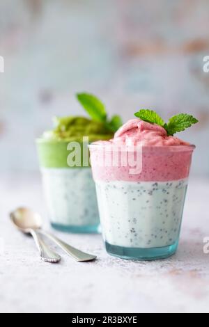 Pudding au cococotier avec matcha et hibiscus belle crème (vegan) Banque D'Images