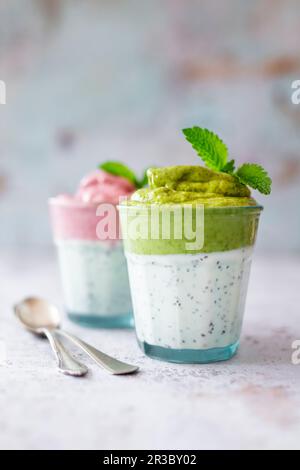 Pudding au cococotier avec matcha et hibiscus belle crème (vegan) Banque D'Images