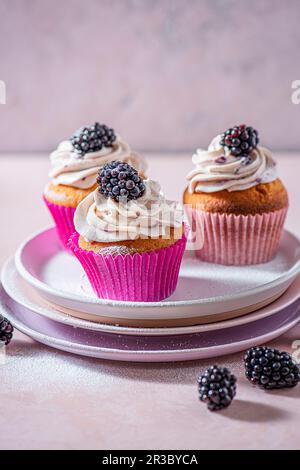 Cupcakes avec glaçage au fromage à la crème blackberry et mûres Banque D'Images
