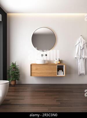 Intérieur de la salle de bains avec parquet foncé, toilettes, douche et miroir ovale, murs blancs et noirs, vue avant. Salle de bains minimaliste noire avec mobilier moderne Banque D'Images