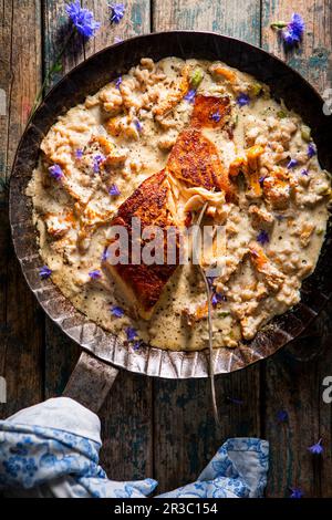 Saumon avec chanterelles dans une sauce à la crème Banque D'Images
