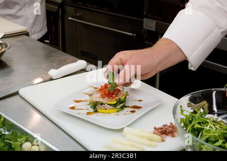 La main du chef ajoute une garniture à une assiette dans une cuisine de restaurant Banque D'Images